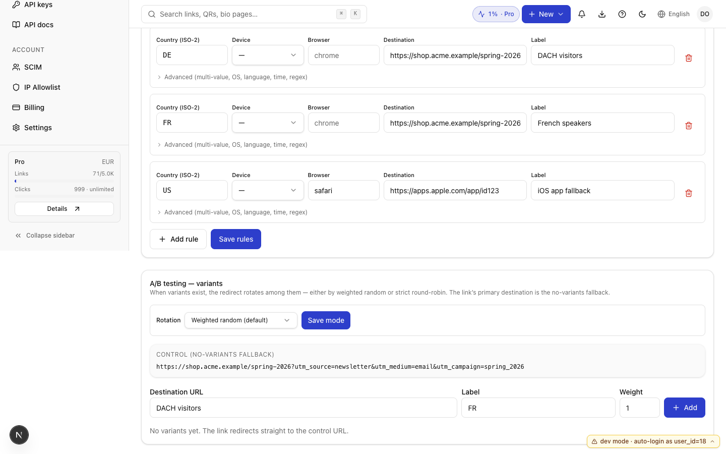 Elido dashboard rule builder, three rules stacked in evaluation order: DACH visitors, French speakers, iOS app fallback. Each rule has country / device / browser / destination / label fields, with an Advanced toggle for OS, language, time-of-day, and regex