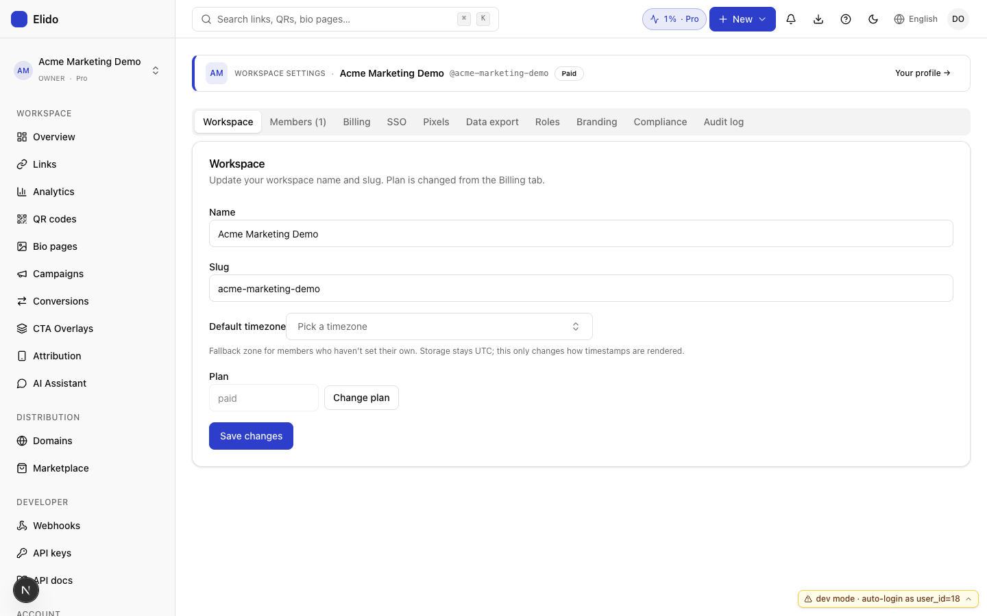 Conversion-tracking pixel admin tab in the Elido dashboard, with fields for Meta Pixel ID, Google Ads / GA4 ID, LinkedIn Insight Tag, and TikTok Pixel Code
